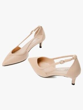 Pointed Toe T-Strap Kitten Heel Pumps - Nude, Size 12, Numaleo,2inch Heel